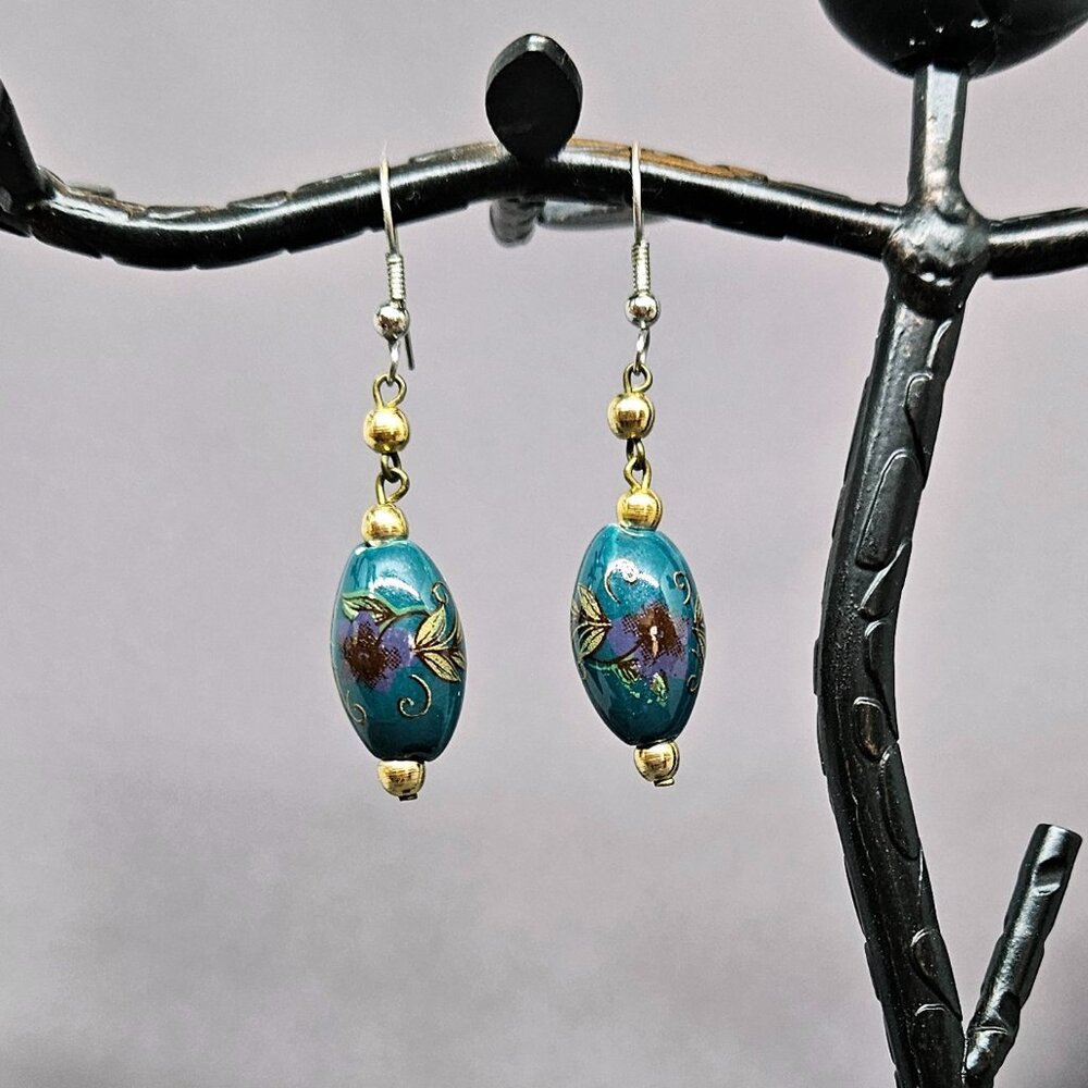 Earrings Teal Ceramic Beads w/ Gold & Purple Flower Design - 2" long